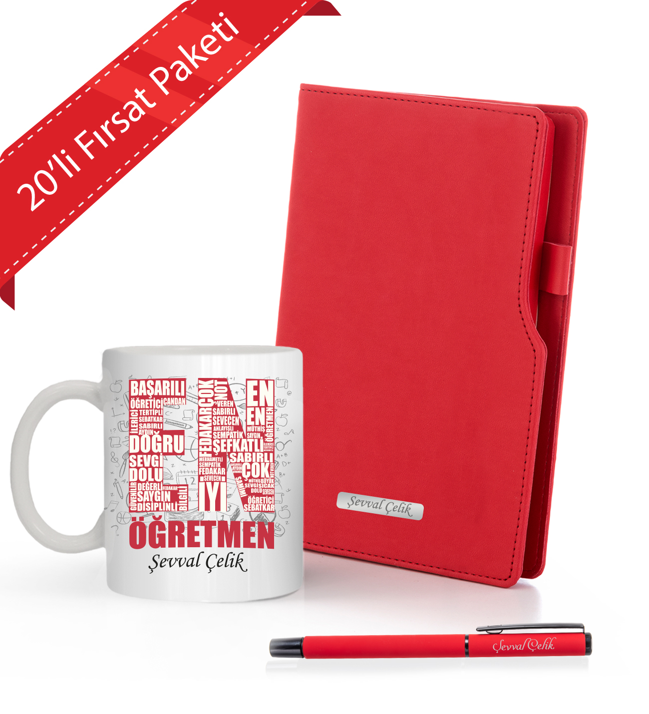 Kişiye Özel  20 'li Öğretmenler Günü İsme Özel Plakalı Siyah Defter & Siyah Roller Kalem ve Kupa Seti