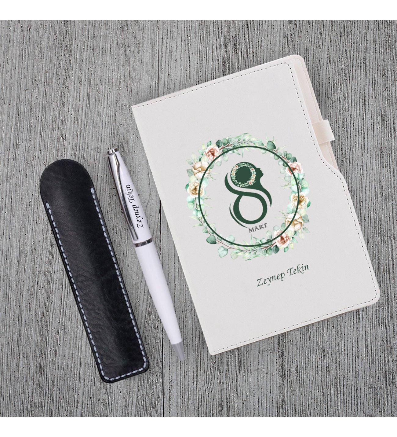 Kişiye Özel 8 Mart Dünya Kadınlar Günü Baskılı Beyaz Defter Beyaz Metal Tükenmez Kalem Seti
