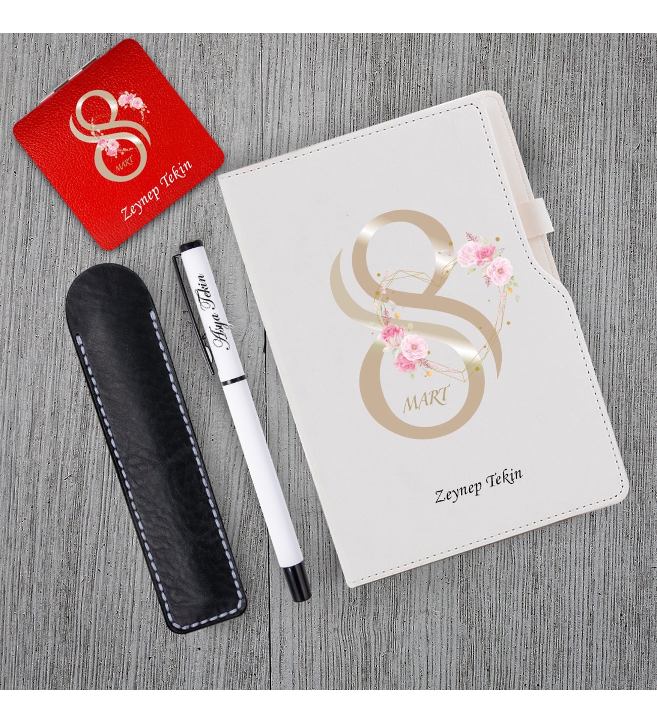 Kişiye Özel 8 Mart Dünya Kadınlar Günü Baskılı Beyaz Defter Beyaz Roller Kalem ve Kırmızı Kare Ayna Seti