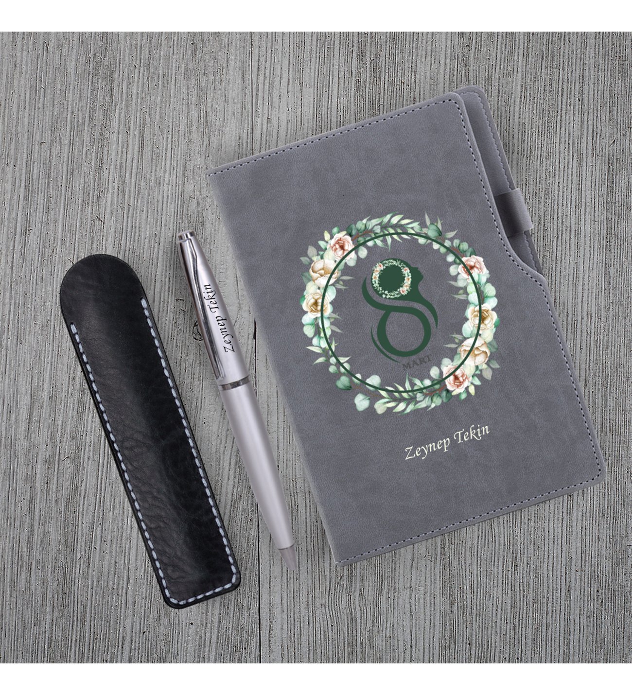 Kişiye Özel 8 Mart Dünya Kadınlar Günü Baskılı Gri Defter Gri Metal Tükenmez Kalem Seti
