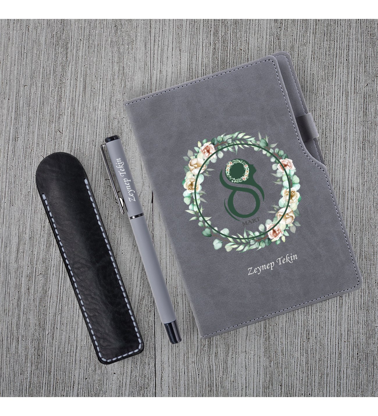 Kişiye Özel 8 Mart Dünya Kadınlar Günü Baskılı Gri Defter Gri Roller Kalem Seti