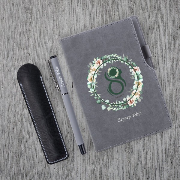 Kişiye Özel 8 Mart Dünya Kadınlar Günü Baskılı Gri Defter Gri Roller Kalem Seti Kişiye Özel 8 Mart Dünya Kadınlar Günü Baskılı Gri Defter Gri Roller Kalem Seti