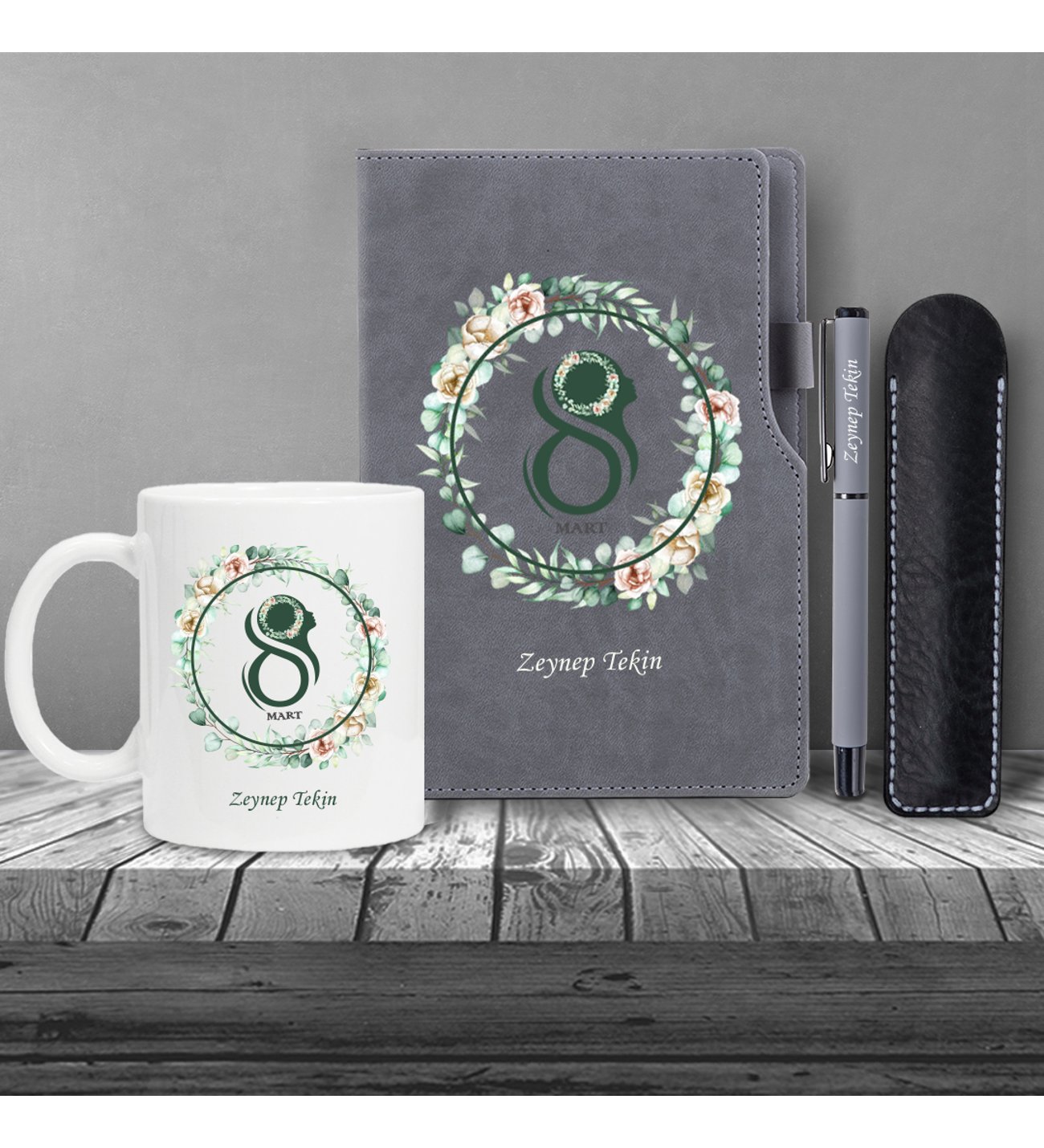 Kişiye Özel 8 Mart Dünya Kadınlar Günü Baskılı Gri Defter Gri Roller Kalem ve Kupa Seti