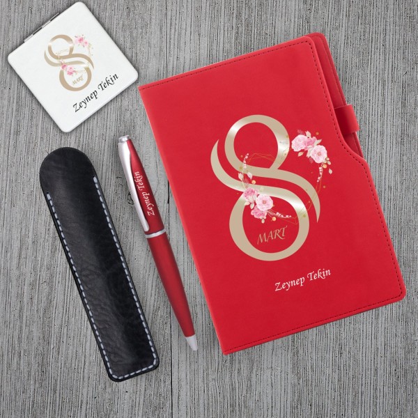 Kişiye Özel 8 Mart Dünya Kadınlar Günü Baskılı Kırmızı Defter Kırmızı Metal Tükenmez Kalem ve Beyaz Kare Ayna Seti Kişiye Özel 8 Mart Dünya Kadınlar Günü Baskılı Kırmızı Defter Kırmızı Metal Tükenmez Kalem ve Beyaz Kare Ayna Seti