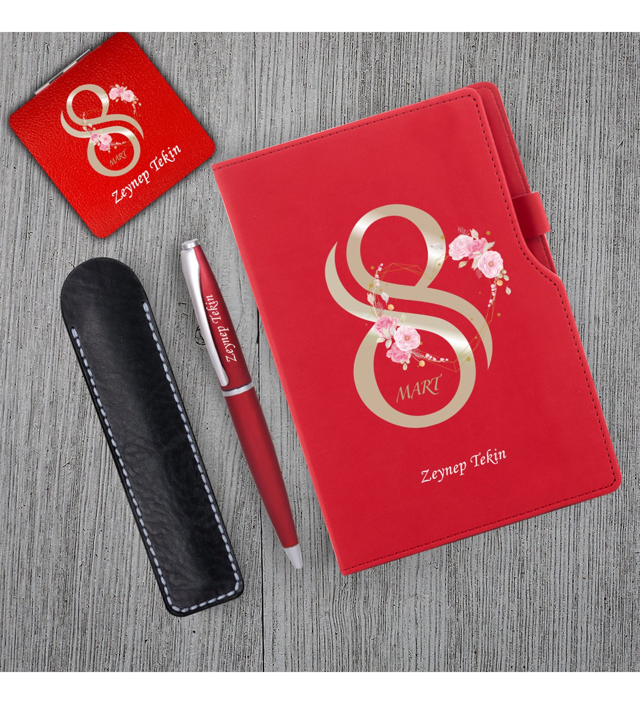 Kişiye Özel 8 Mart Dünya Kadınlar Günü Baskılı Kırmızı Defter Kırmızı Metal Tükenmez Kalem ve Kırmızı Kare  Ayna Seti