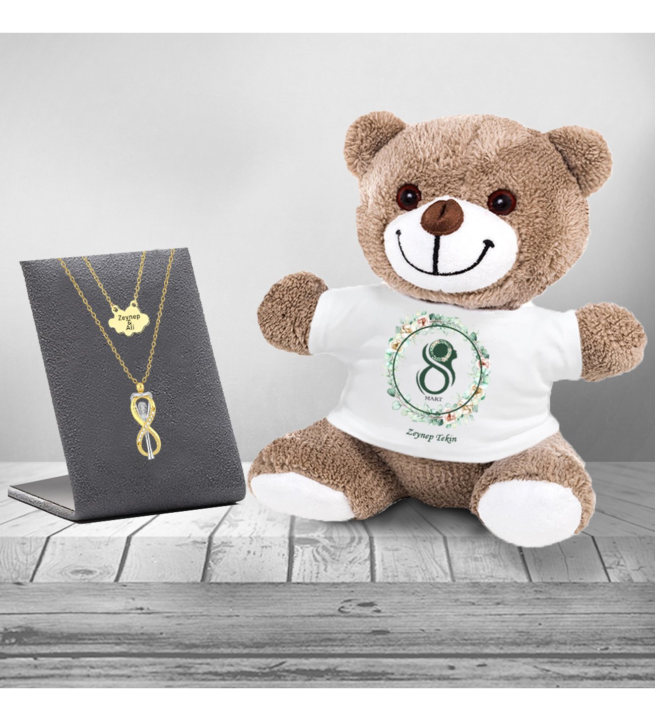 Kişiye Özel 8 Mart Dünya Kadınlar Günü Baskılı Peluş Ayıcık Sonsuzluk Çifti Kolye ve Kupa Seti