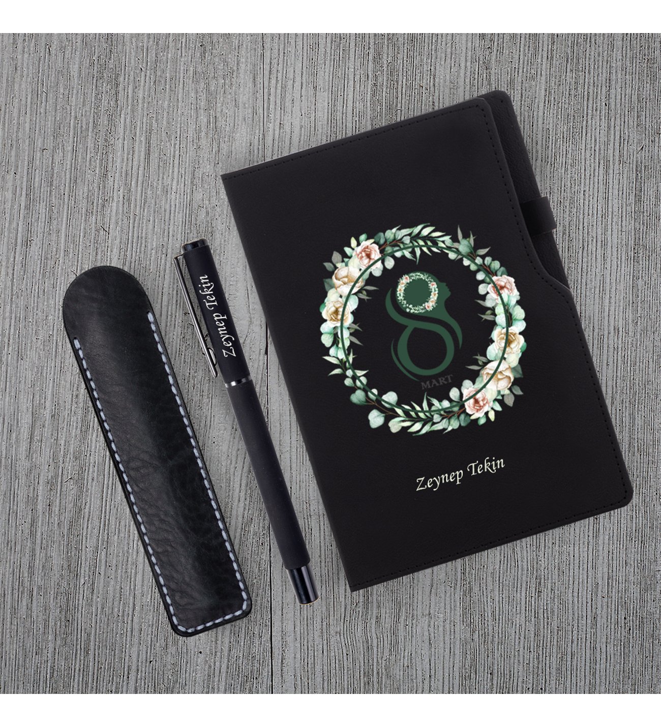 Kişiye Özel 8 Mart Dünya Kadınlar Günü Baskılı Sİyah Defter Siyah Roller kalem