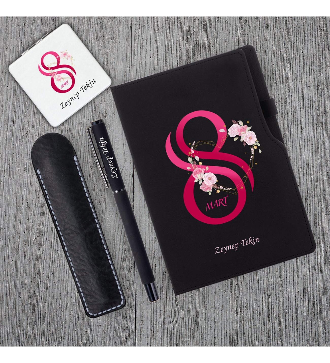 Kişiye Özel 8 Mart Dünya Kadınlar Günü Baskılı Siyah Defter Siyah Roller Kalem ve Beyaz Kare Ayna Seti