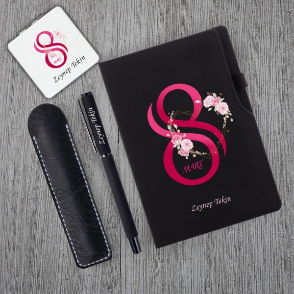Kişiye Özel 8 Mart Dünya Kadınlar Günü Baskılı Siyah Defter Siyah Roller Kalem ve Beyaz Kare Ayna Seti Kişiye Özel 8 Mart Dünya Kadınlar Günü Baskılı Siyah Defter Siyah Roller Kalem ve Beyaz Kare Ayna Seti