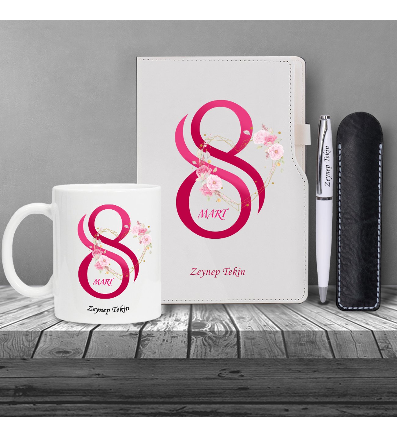 Kişiye Özel 8 Mart Dünya Kadınlar Günü Beyaz Defter Beyaz Metal Tükenmez Kalem ve Kupa Seti