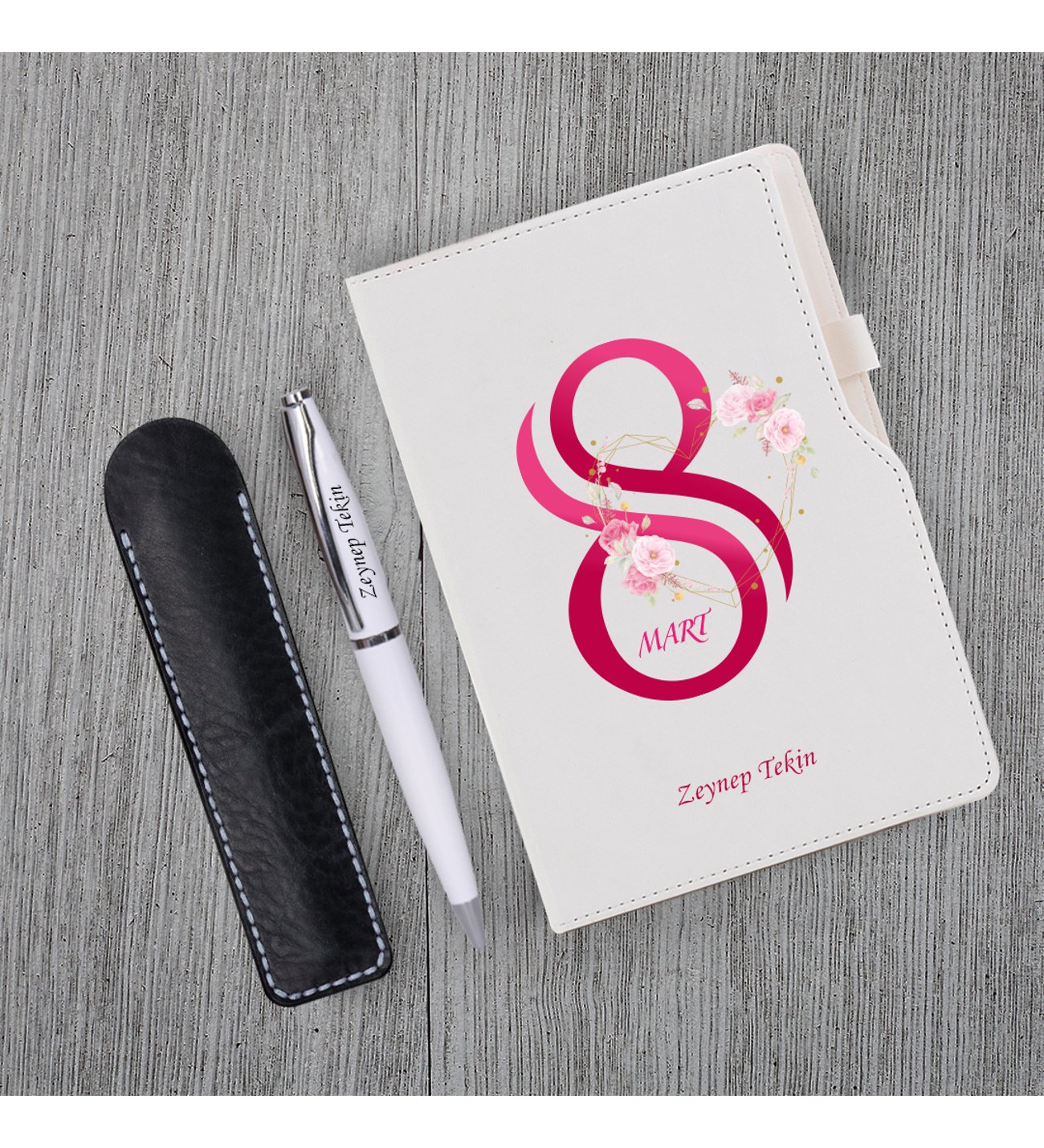 Kişiye Özel 8 Mart Dünya Kadınlar Günü Beyaz Defter Beyaz Metal Tükenmez Kalem ve Kupa Seti