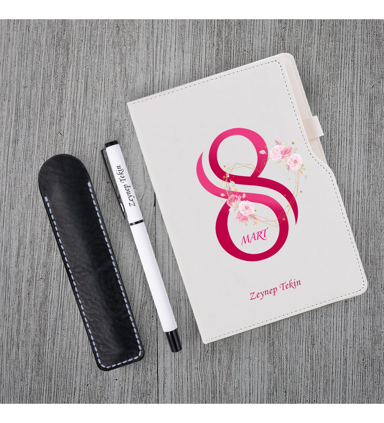 Kişiye Özel 8 Mart Dünya Kadınlar Günü Beyaz Defter Beyaz Roller Kalem