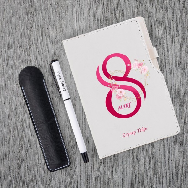 Kişiye Özel 8 Mart Dünya Kadınlar Günü Beyaz Defter Beyaz Roller Kalem Kişiye Özel 8 Mart Dünya Kadınlar Günü Beyaz Defter Beyaz Roller Kalem