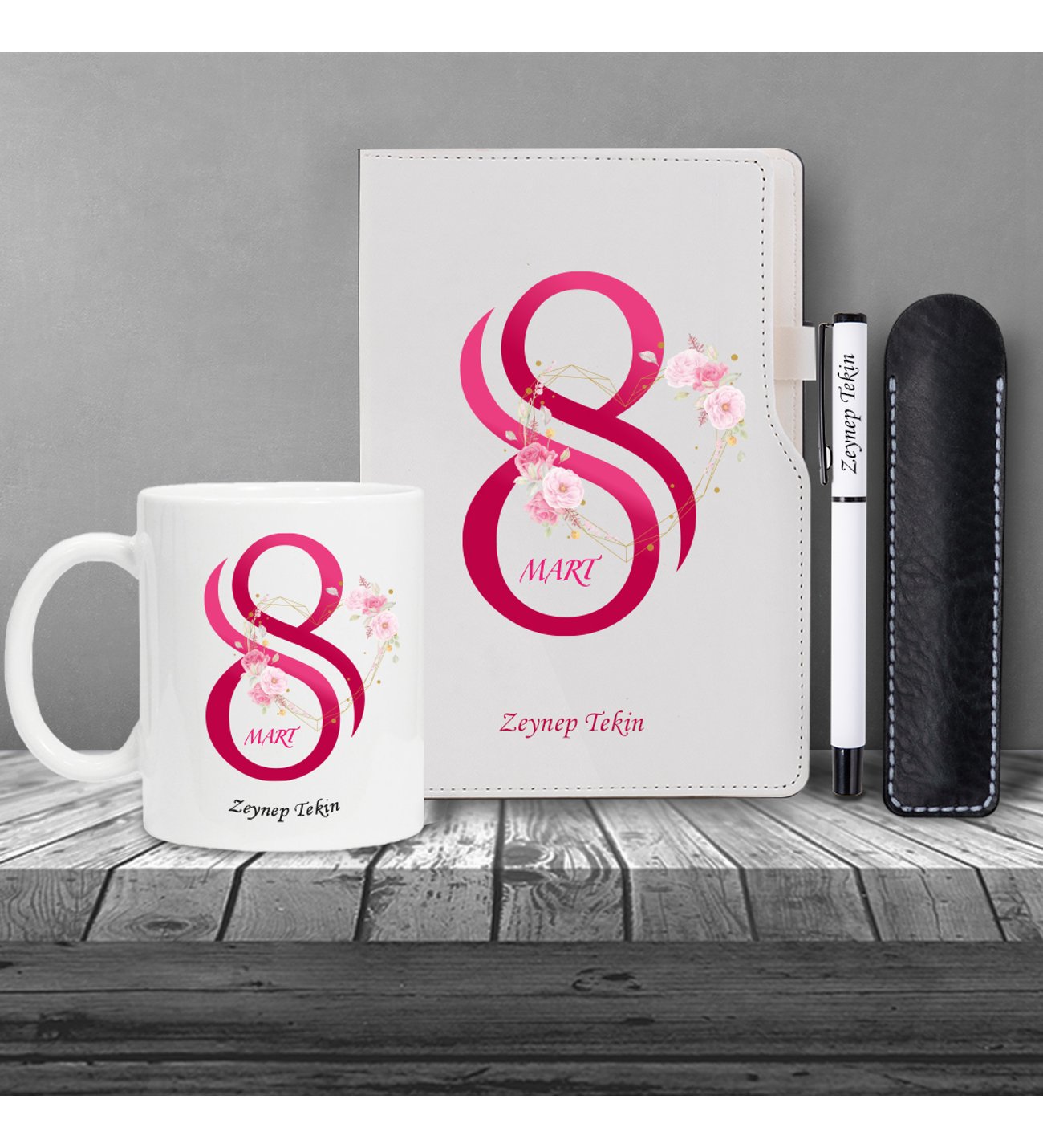 Kişiye Özel 8 MArt Dünya Kadınlar Günü Beyaz Defter Beyaz Roller Kalem ve Kupa Seti