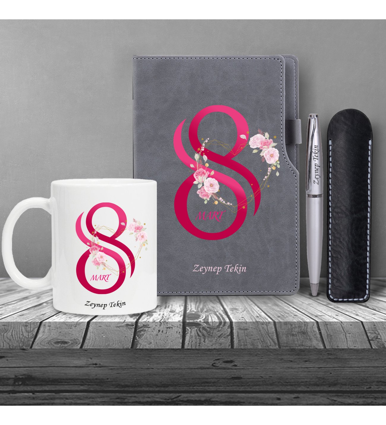 Kişiye Özel 8 Mart Dünya Kadınlar Günü Gri Defter Gri Metal Tükenmez Kalem ve Kupa Seti