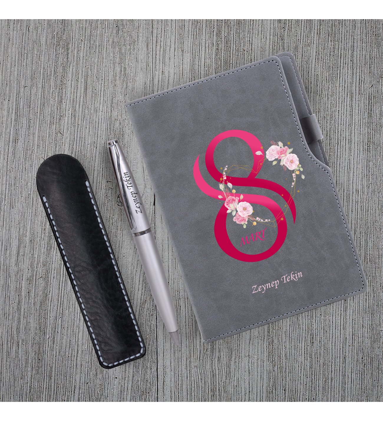 Kişiye Özel 8 Mart Dünya Kadınlar Günü Gri Defter Gri Metal Tükenmez Kalem ve Kupa Seti