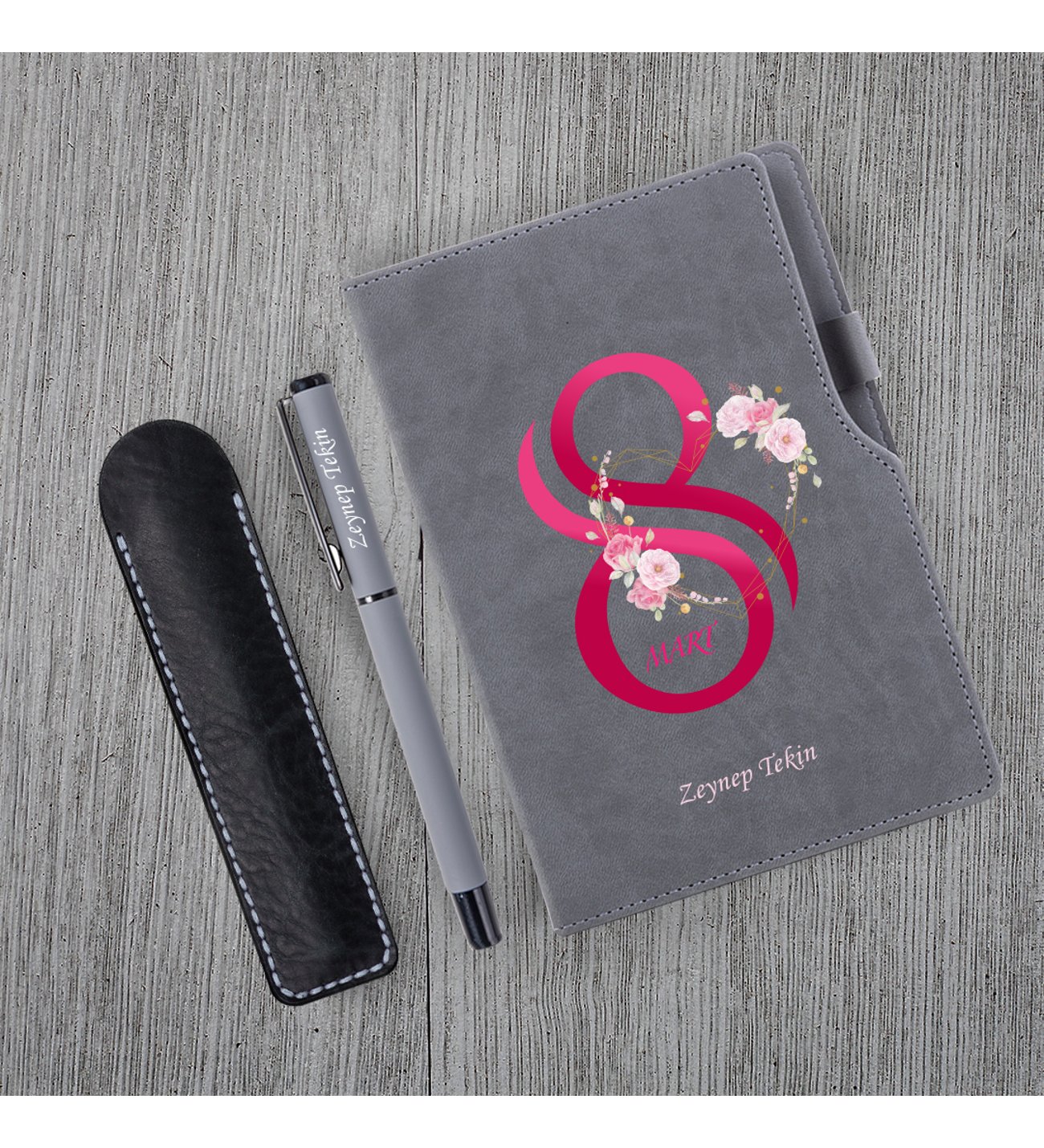 Kişiye Özel 8 Mart Dünya Kadınlar Günü Gri Defter Gri Roller Kalem