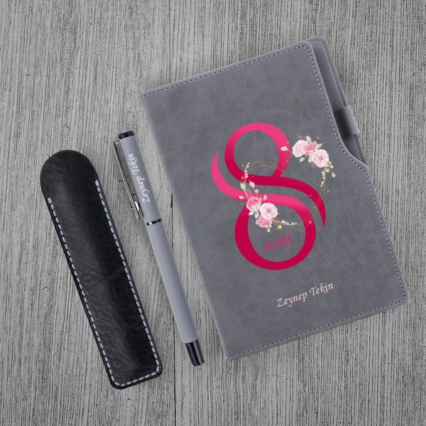 Kişiye Özel 8 Mart Dünya Kadınlar Günü Gri Defter Gri Roller Kalem Kişiye Özel 8 Mart Dünya Kadınlar Günü Gri Defter Gri Roller Kalem