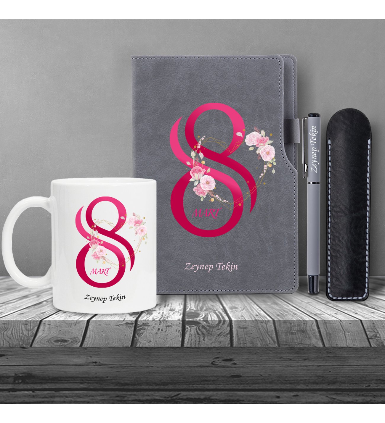 Kişiye Özel 8 MArt Dünya Kadınlar Günü Gri Defter Gri Roller Kalem ve Kupa Seti
