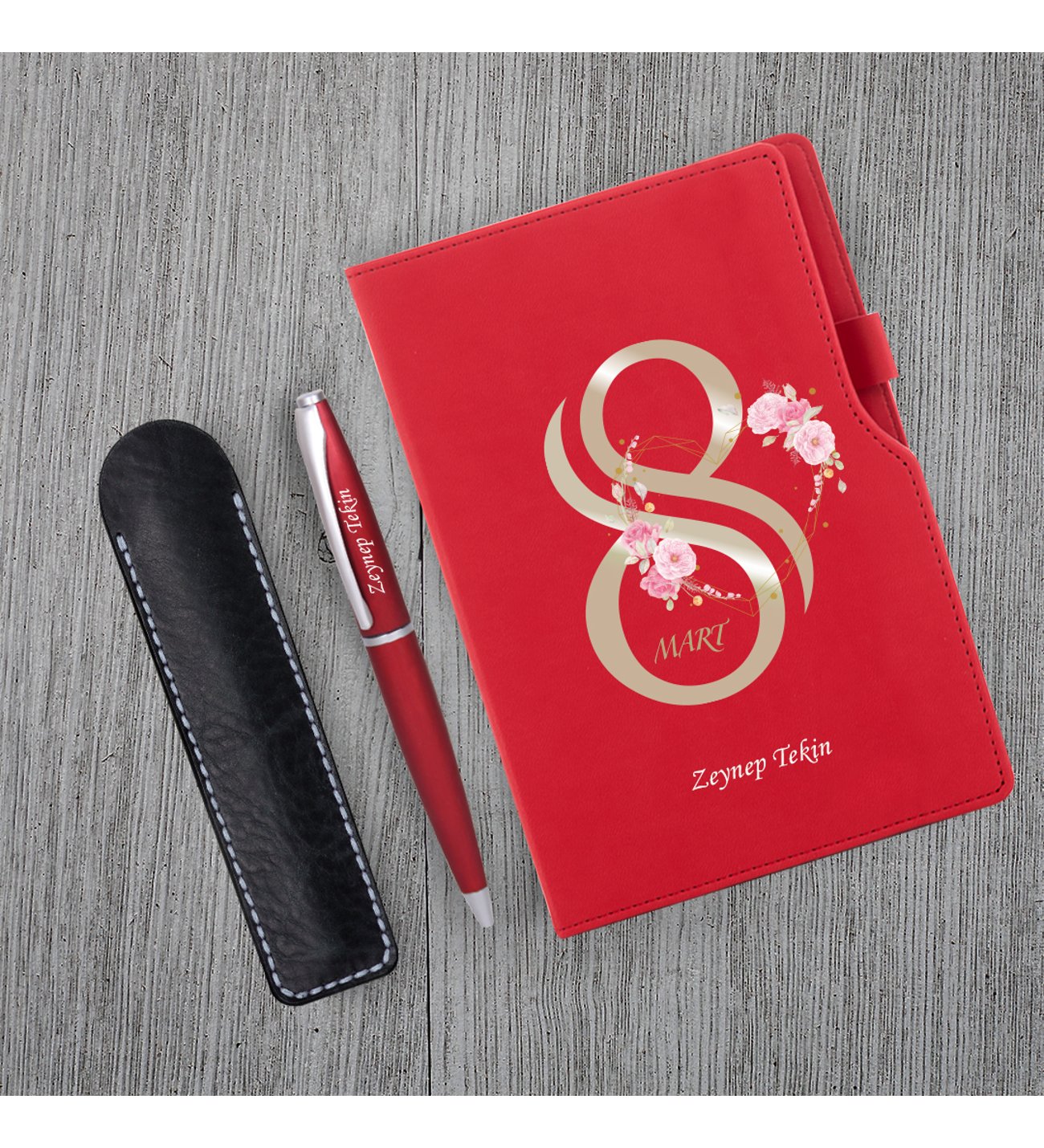 Kişiye Özel 8 Mart Dünya Kadınlar Günü Kırmızı Defter Kırmızı Metal Tükenmez Kalem ve Kupa Seti
