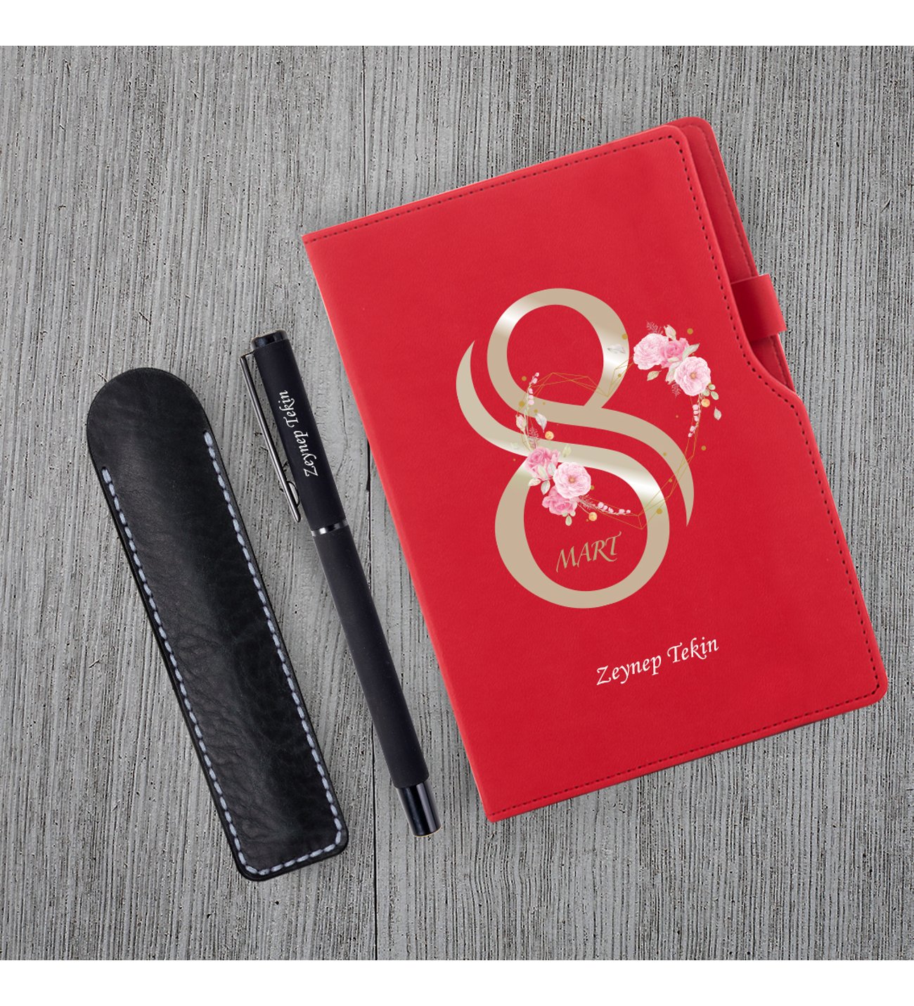 Kişiye Özel 8 Mart Dünya Kadınlar Günü Kırmızı Defter Siyah Roller Kalem