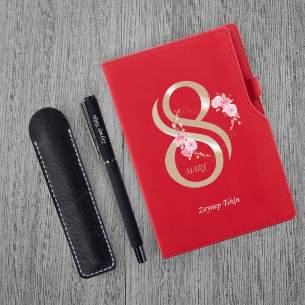 Kişiye Özel 8 Mart Dünya Kadınlar Günü Kırmızı Defter Siyah Roller Kalem Kişiye Özel 8 Mart Dünya Kadınlar Günü Kırmızı Defter Siyah Roller Kalem