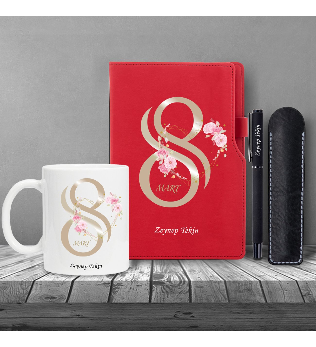Kişiye Özel 8 Mart Dünya Kadınlar Günü Kırmızı Defter Siyah Roller Kalem ve Kupa Seti
