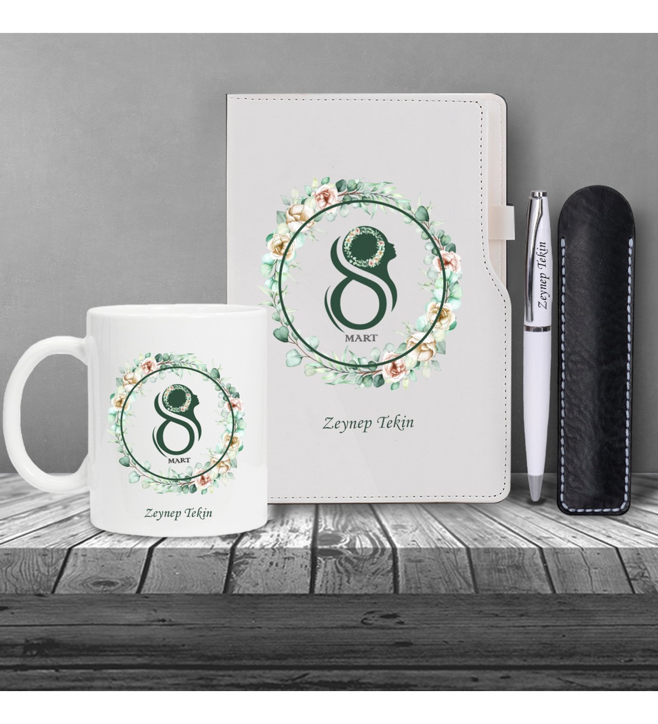 Kişiye Özel 8 Mart Dünya Kadınlar Günü Siluet  Baskılı Beyaz Defter Beyaz Metal Tükenmez Kalem ve Kupa Seti