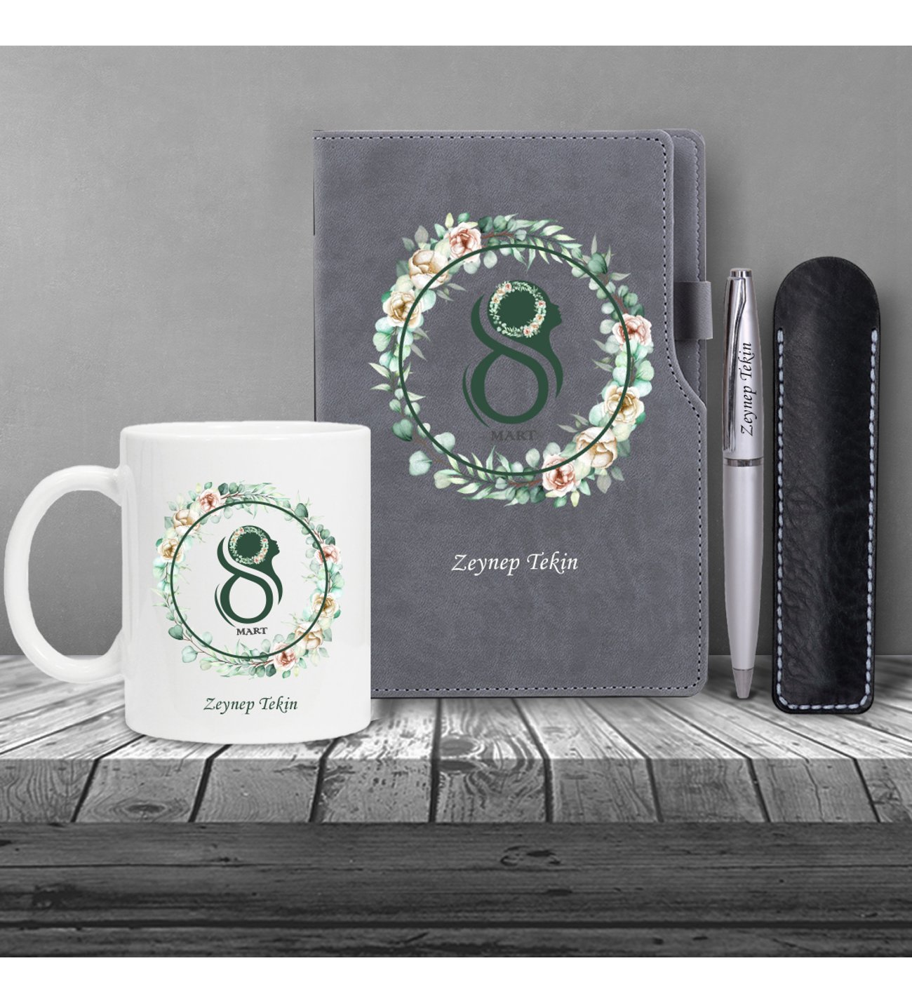 Kişiye Özel 8 Mart Dünya Kadınlar Günü Siluet  Baskılı Gri Defter Gri Metal Tükenmez Kalem ve Kupa Seti