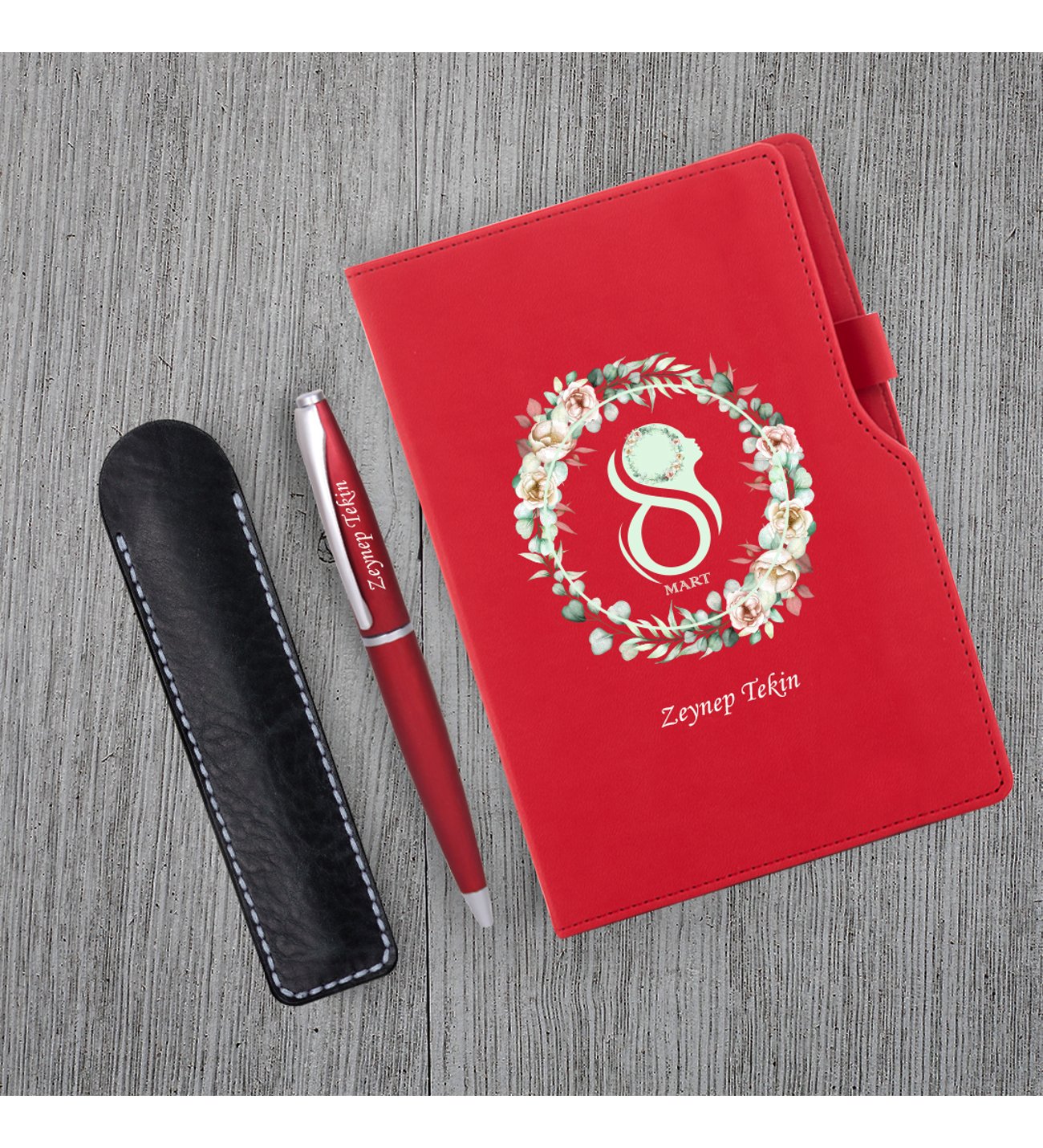 Kişiye Özel 8 Mart Dünya Kadınlar Günü Siluet Baskılı Kırmızı Defter Kırmızı Metal Tükenmez Kalem ve Kupa Seti