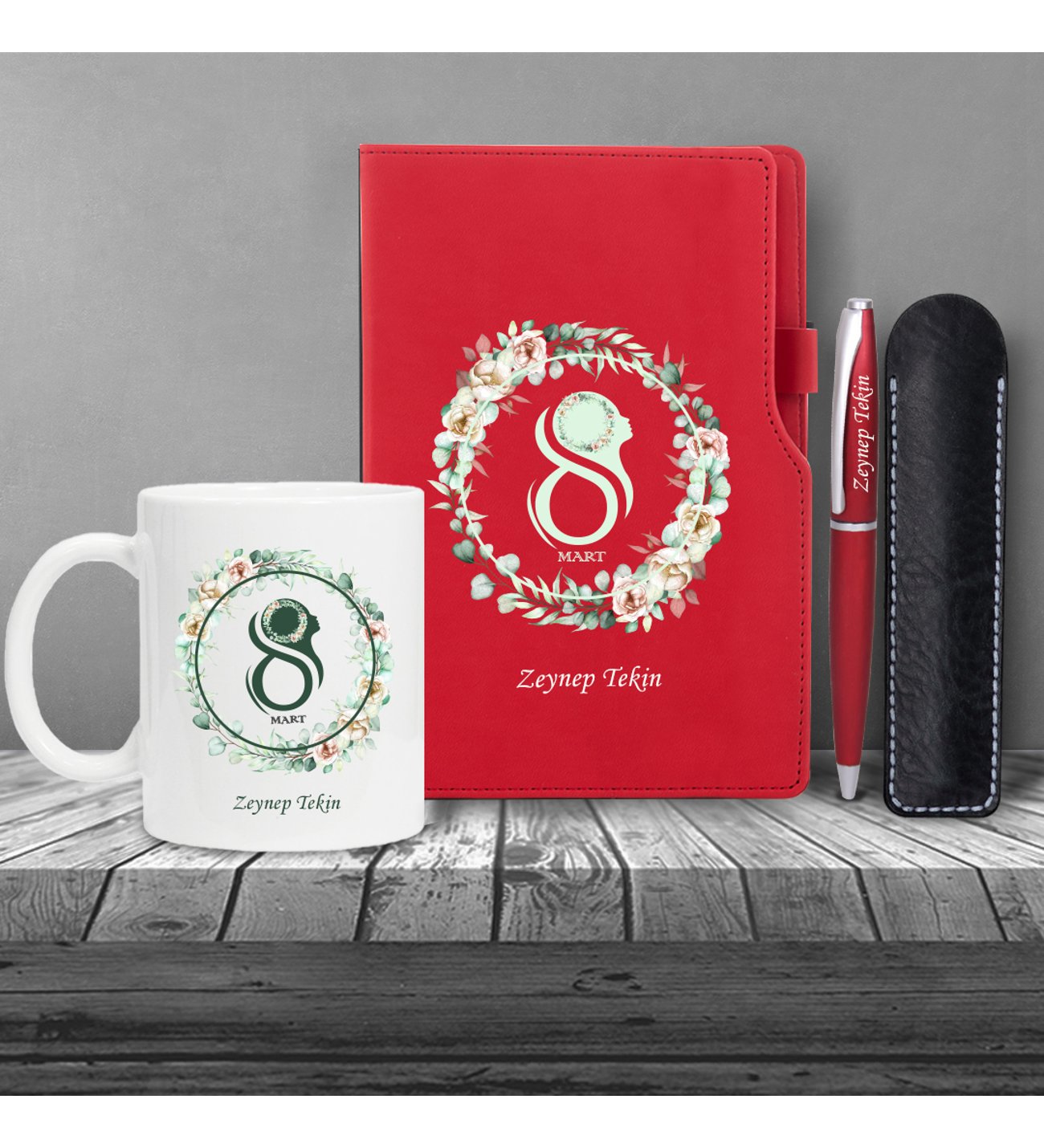 Kişiye Özel 8 Mart Dünya Kadınlar Günü Siluet Baskılı Kırmızı Defter Kırmızı Metal Tükenmez Kalem ve Kupa Seti