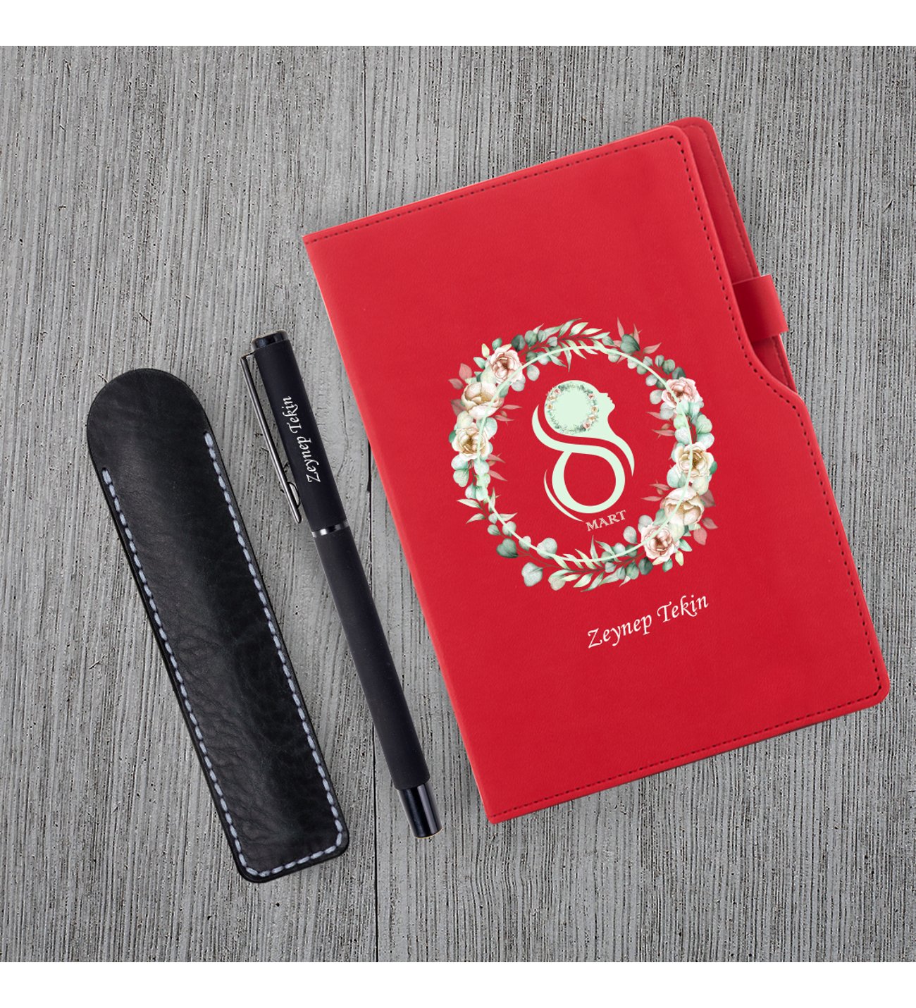 Kişiye Özel 8 Mart Dünya Kadınlar Günü Siluet  Baskılı Kırmızı Defter Siyah Roller Kalem ve Kupa Seti