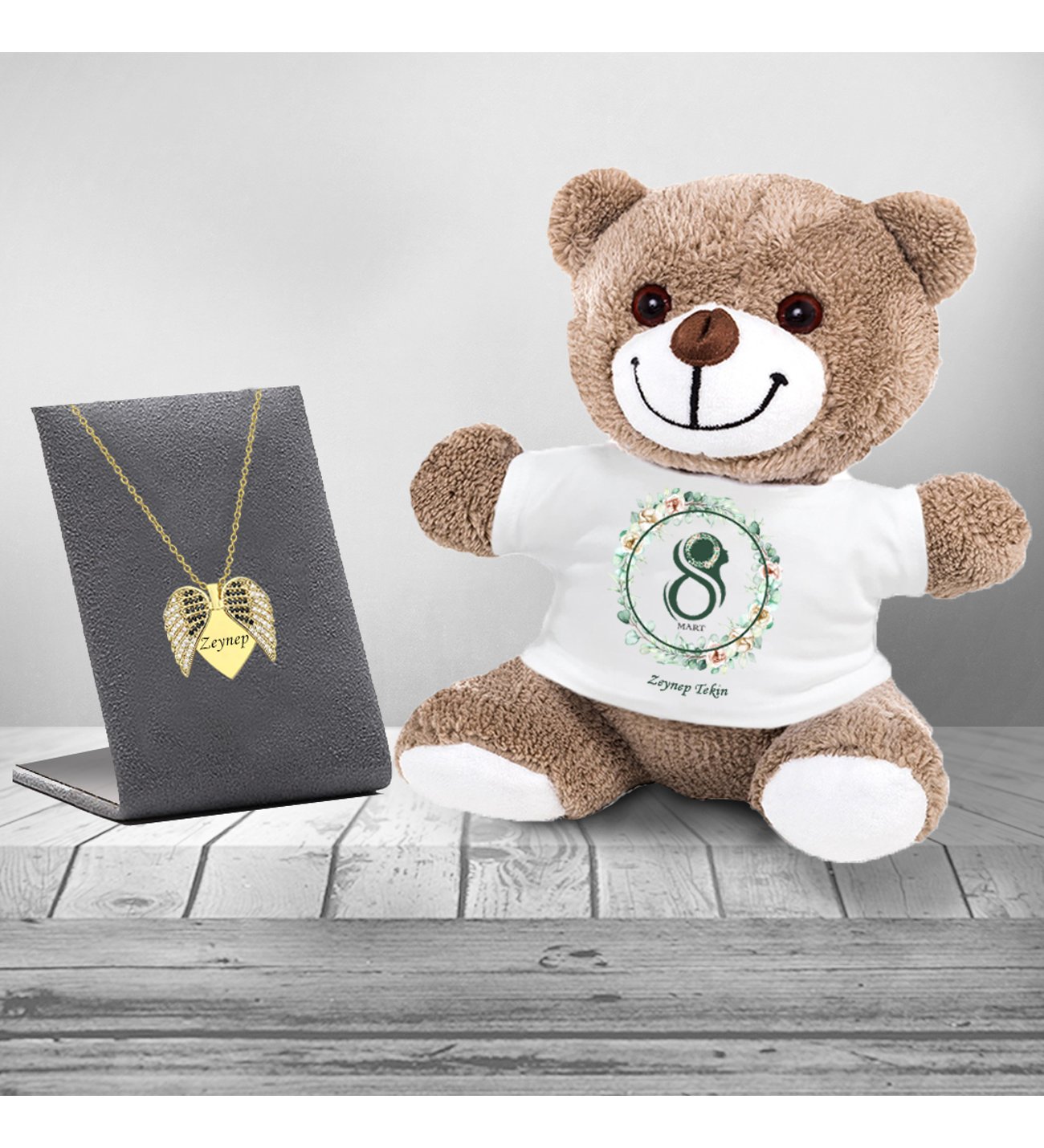 Kişiye Özel 8 Mart Dünya Kadınlar Günü Siluet Baskılı Peluş Ayıcık Açılır Melek Kanadı Kolye ve Kupa Seti