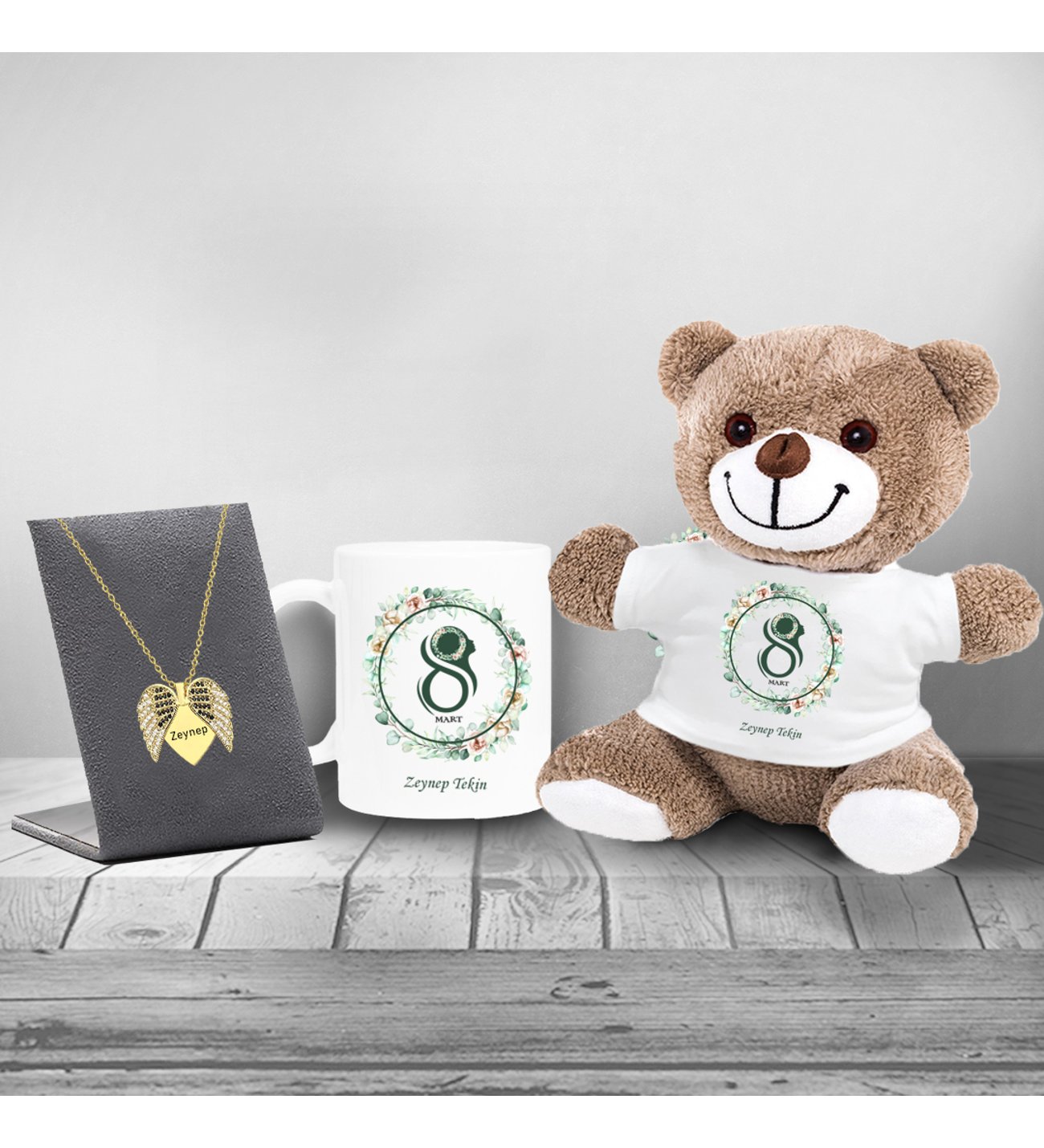 Kişiye Özel 8 Mart Dünya Kadınlar Günü Siluet Baskılı Peluş Ayıcık Açılır Melek Kanadı Kolye ve Kupa Seti