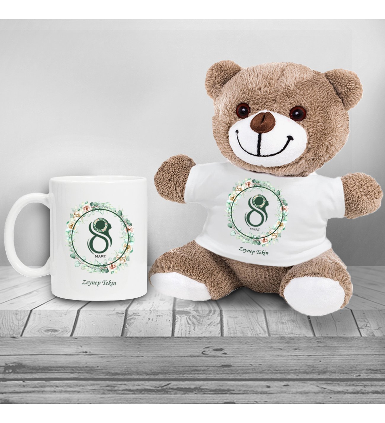 Kişiye Özel 8 Mart Dünya Kadınlar Günü Siluet  Baskılı Peluş Ayıcık ve Kupa Seti