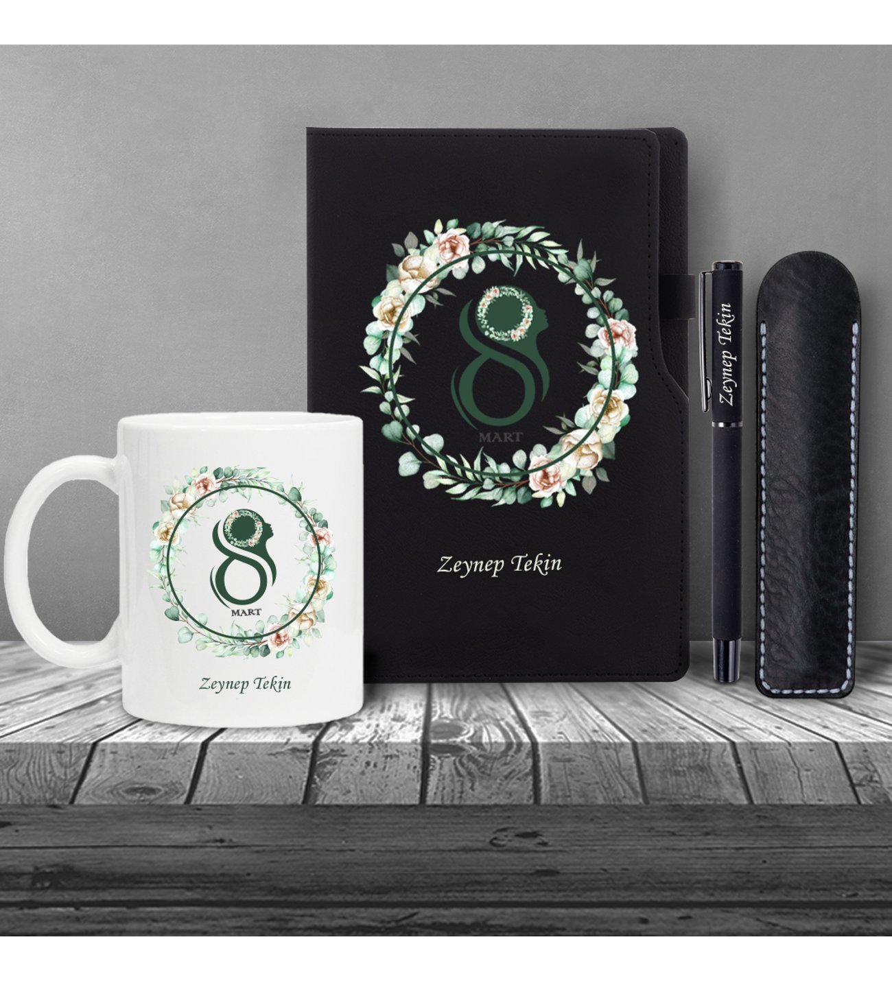 Kişiye Özel 8 Mart Dünya Kadınlar Günü Siluet  Baskılı Sİyah Defter Siyah Roller Kalem ve Kupa Seti