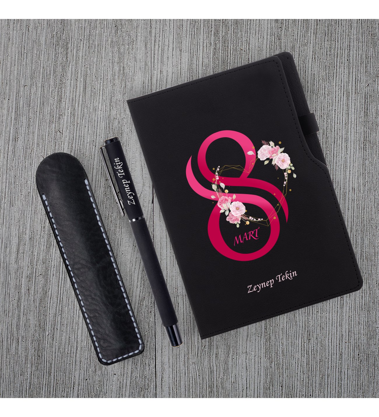 Kişiye Özel 8 Mart Dünya Kadınlar Günü Siyah Defter Siyah Roller Kalem ve Kupa Seti