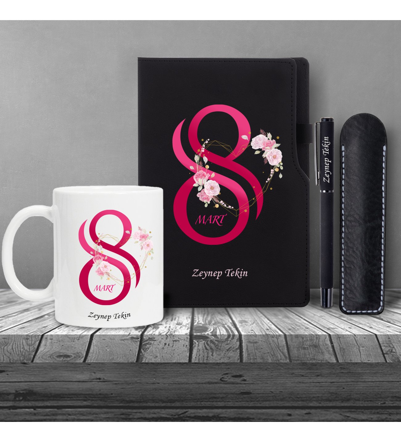 Kişiye Özel 8 Mart Dünya Kadınlar Günü Siyah Defter Siyah Roller Kalem ve Kupa Seti
