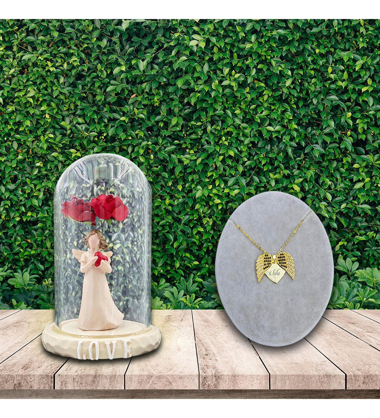 Kişiye Özel  Anneler Günü Açılır Melek Kanadı Kolye ve Aşk Perisi Fanus