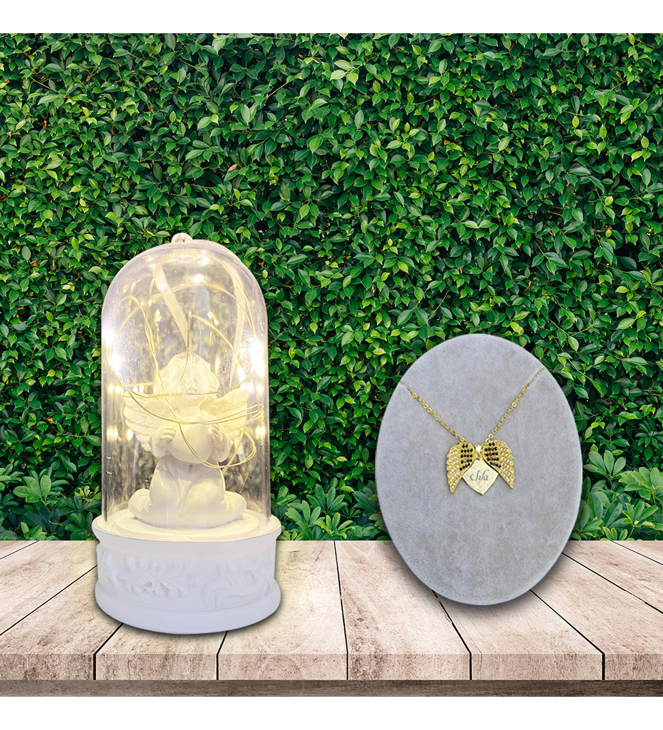 Kişiye Özel Anneler Günü  Açılır Melek Kanadı  Kolye ve Kalpli Romantik Melek Işıklı Fanus