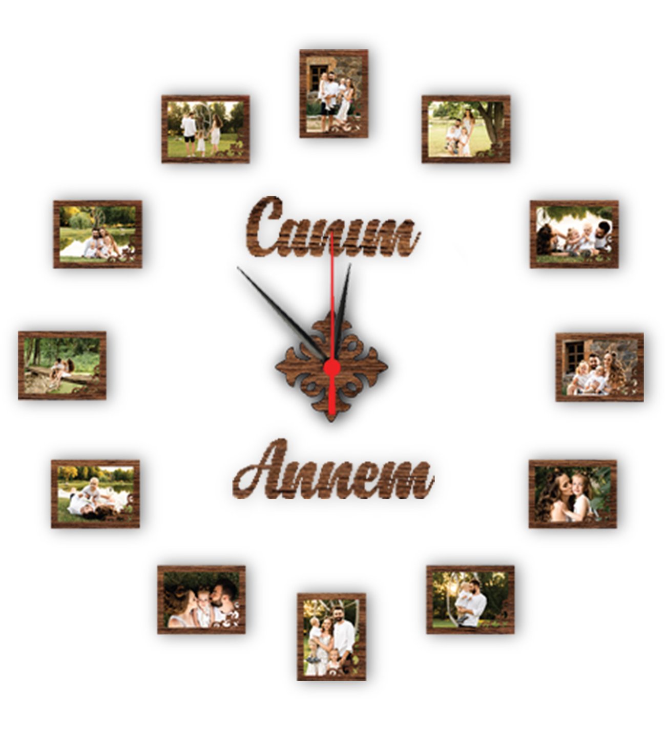 Kişiye Özel Anneler Günü Canım Annem Yazılı Fotoğraflı Motifli Ahşap  Çerçeve 12 li Duvar Saat