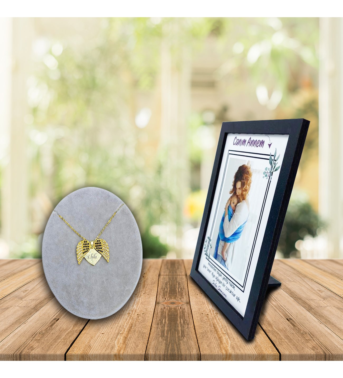 Kişiye Özel Anneler Günü Fotoğraf Baskılı Ahşap Çerçeve ve İsimli Melek Kanadı Kolye