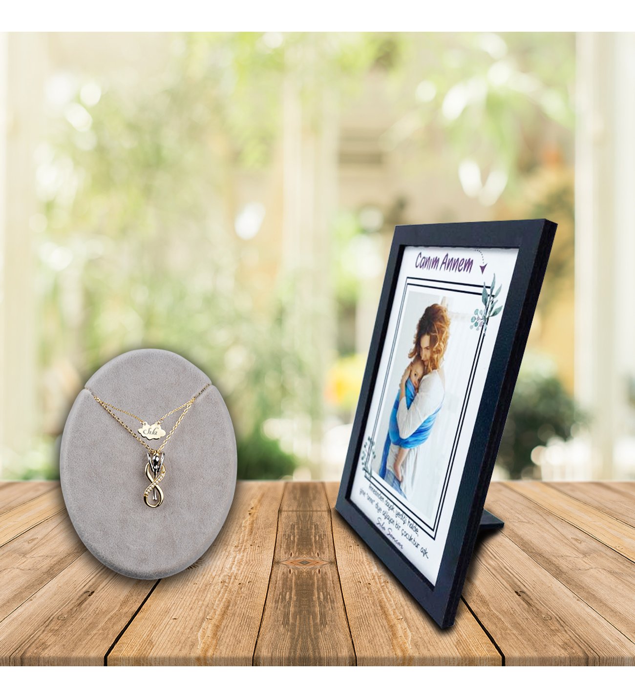 Kişiye Özel Anneler Günü Fotoğraf Baskılı Ahşap Çerçeve ve İsimli Sonsuzluk Çifti  Kolye