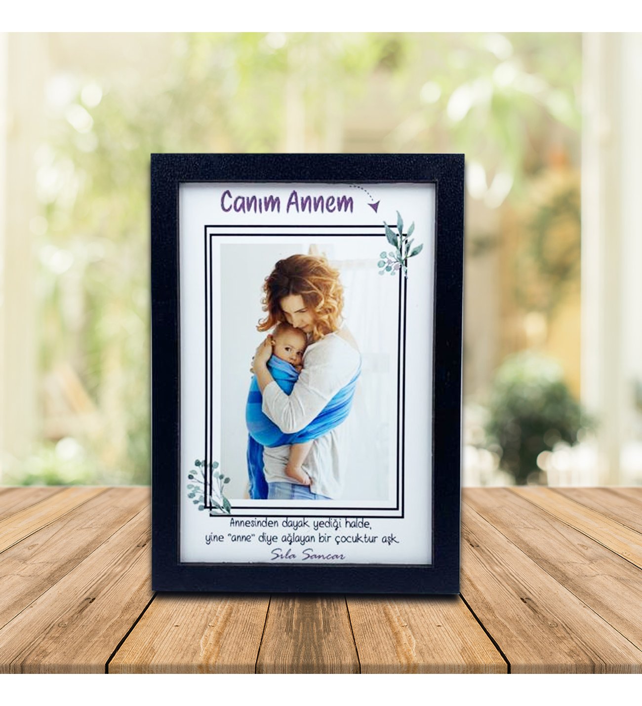 Kişiye Özel Anneler Günü Fotoğraf Baskılı Ahşap Çerçeve ve Ruby  Kolye
