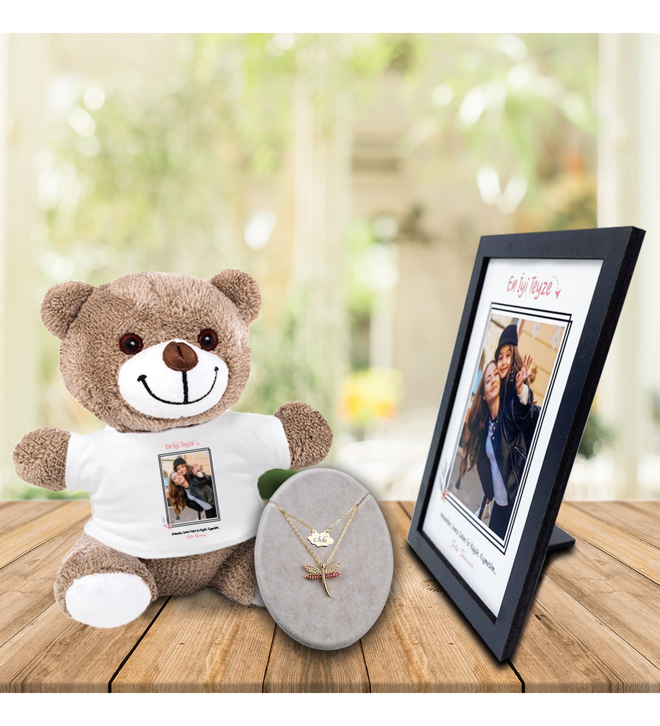 Kişiye Özel Anneler Günü Fotoğraf Baskılı En İyi Teyze  Ahşap Çerçeve & İsimli Ruby Yusufçuk Kolye ve Tişört Baskılı Peluş Ayıcık