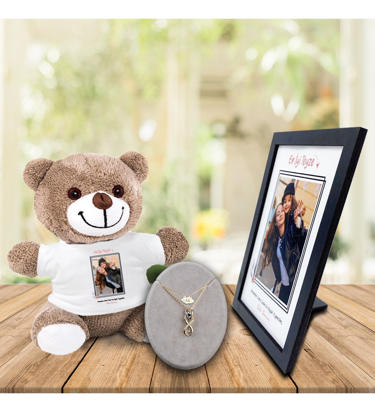 Kişiye Özel Anneler Günü Fotoğraf Baskılı En İyi Teyze Ahşap Çerçeve & İsimli Sonsuzluk Çifti Kolye ve Tişört Baskılı Peluş Ayıcık Kişiye Özel Anneler Günü Fotoğraf Baskılı En İyi Teyze Ahşap Çerçeve & İsimli Sonsuzluk Çifti Kolye ve Tişört Baskılı Peluş Ayıcık