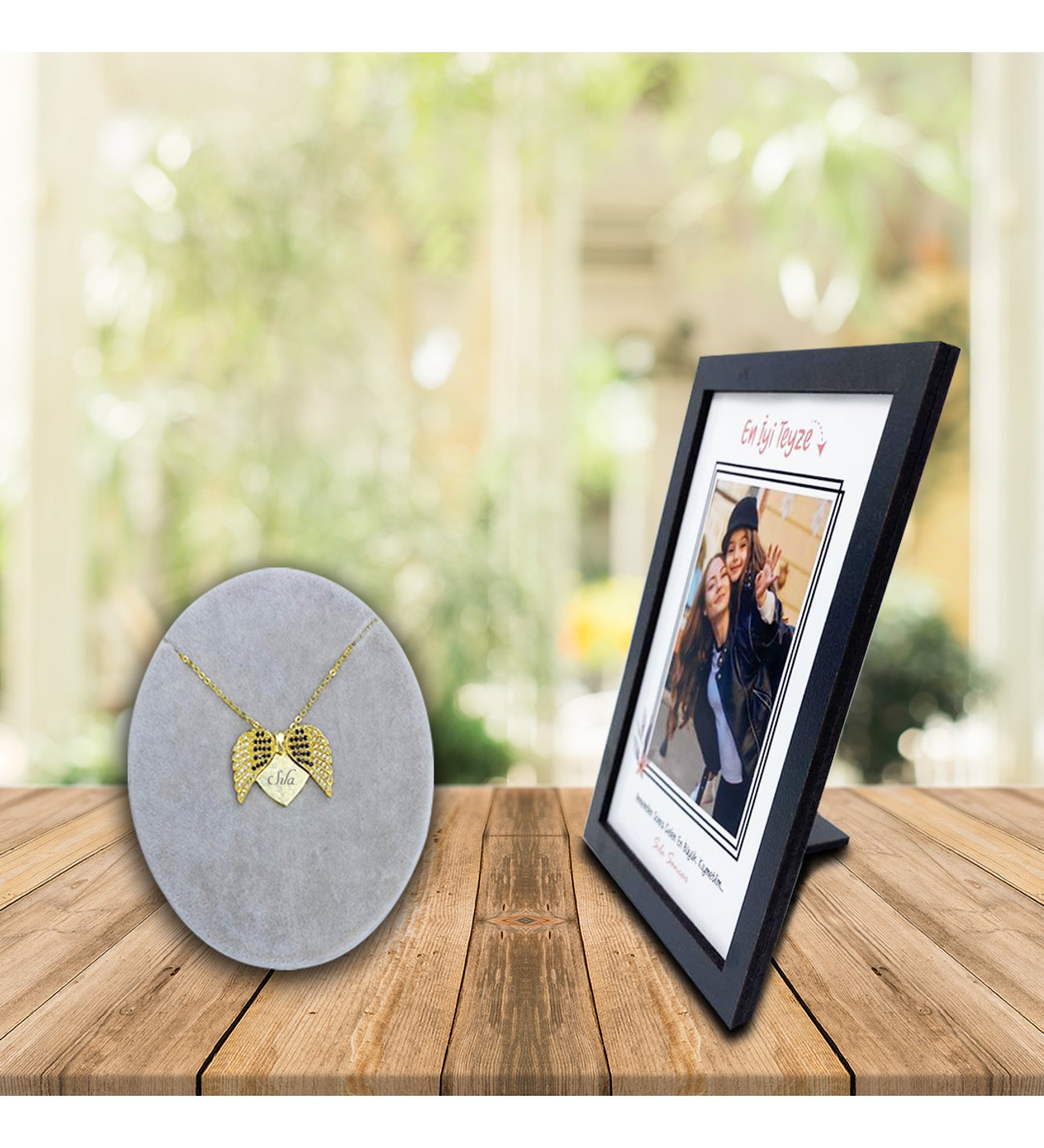 Kişiye Özel Anneler Günü Fotoğraf Baskılı En İyi Teyze Ahşap Çerçeve ve İsimli Açılır Melek Kanadı  Kolye
