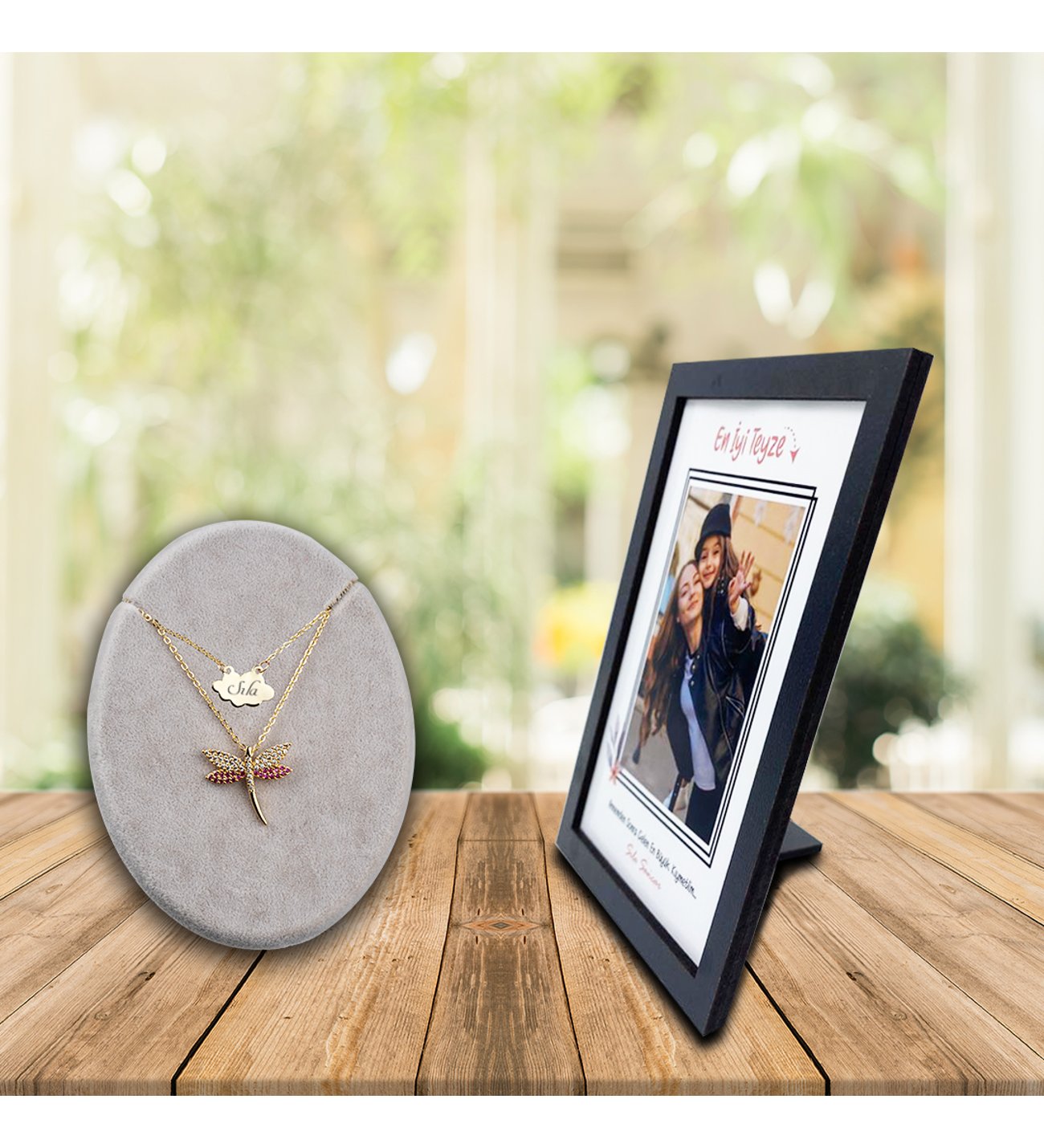 Kişiye Özel Anneler Günü Fotoğraf Baskılı En İyi Teyze Ahşap Çerçeve ve İsimli Ruby Yusufcuk  Kolye