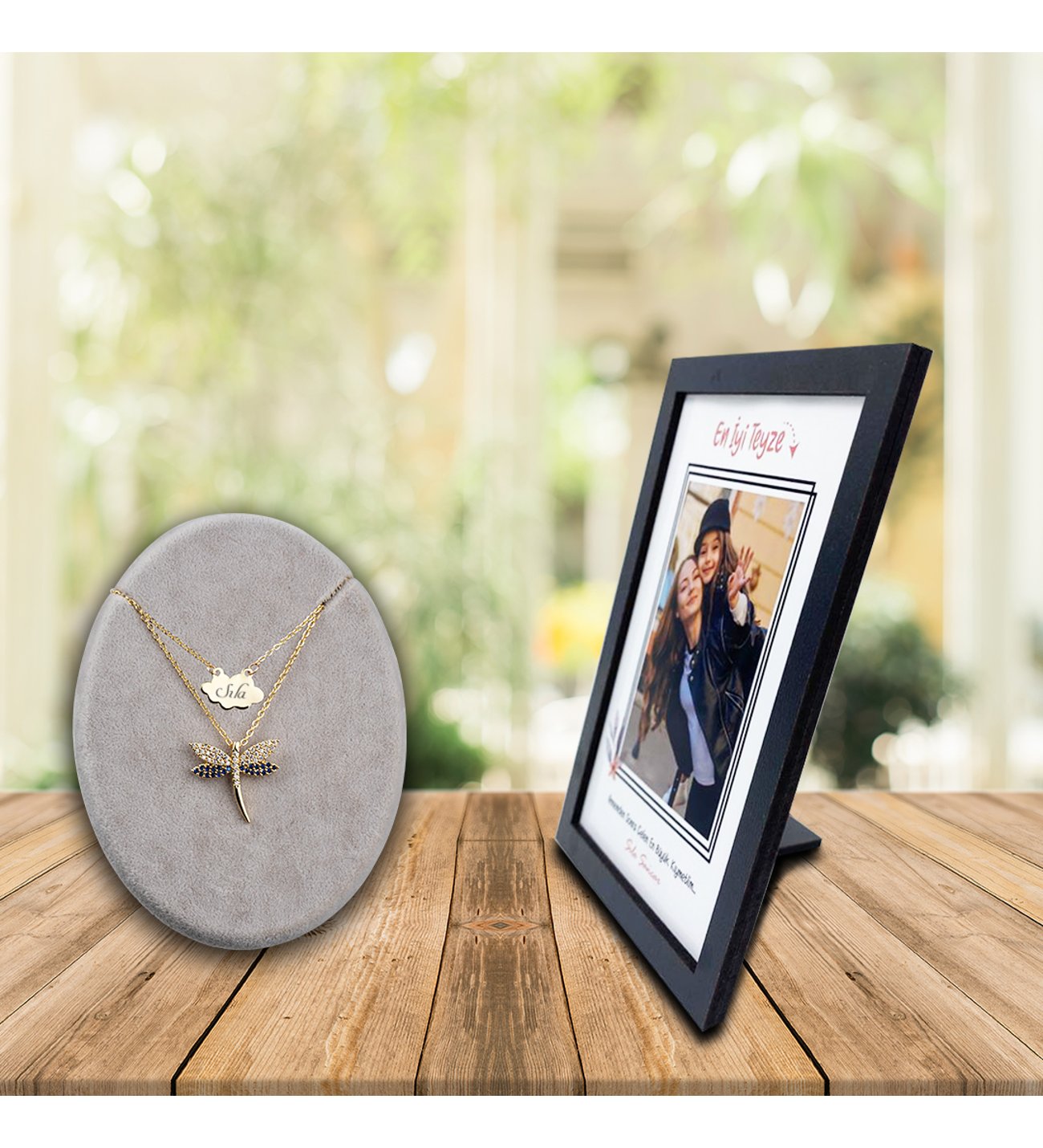 Kişiye Özel Anneler Günü Fotoğraf Baskılı En İyi Teyze Ahşap Çerçeve ve İsimli Safir Yusufcuk Kolye