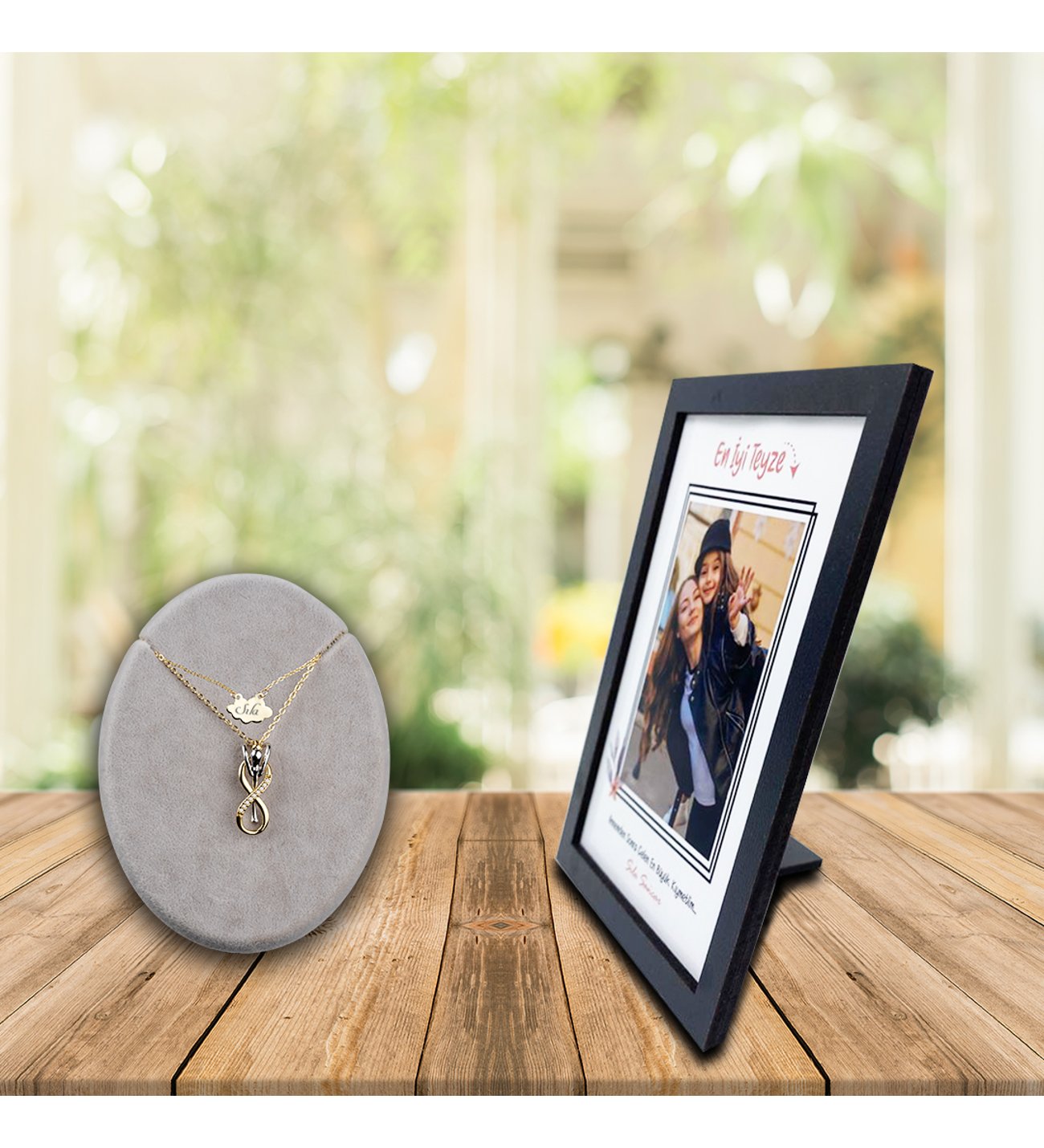 Kişiye Özel Anneler Günü Fotoğraf Baskılı En İyi Teyze Ahşap Çerçeve ve İsimli Sonsuzluk Çifti Kolye